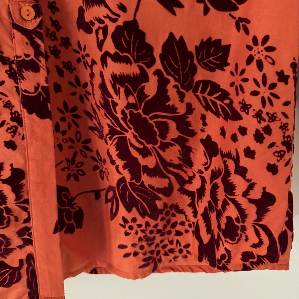 Sundance Velvet Vignette Long Sleeve Button Shirt, Orange w/Burgundy Floral, S - Picture 8 of 13
